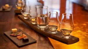 Whisky stave with drams and matched canapes for Tasting Tales tour