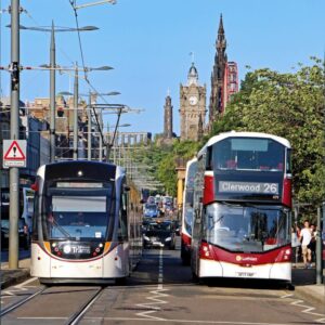 Lothian buses - bus and tram on Princes Street