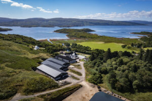 Ardnamurchan Distillery with view of land and sea