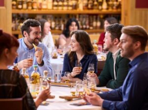 Tasting Tales experience, guests enjoying whisky and food matching with cheese and whisky.