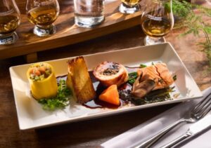 A plate featuring food highlights from the Amber Restaurant as part of the Taste of Scotland experience.