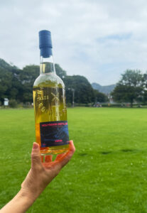Bottle of Holyrood Embra whisky at The Meadows, Edinburgh with Arthur's Seat in the distance.