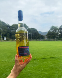 Bottle of Holyrood Embra whisky at The Meadows, Edinburgh with Arthur's Seat in the distance.