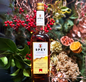Bottle of Spey Chairman's Choice Scotch whisky surrounded by festive foliage such as berries, fern and dried oranges.