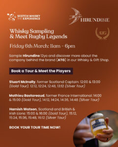 Promotional Graphic listing the Hirundine Shop Samplings and Rugby Player Meet & Greet with times and dates and company logos on a copper background.