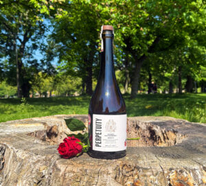 Bottle of Perpetuity Batch 2 Scotch whisky placed on a tree trunk with a red rose. There is a park and trees in the background.