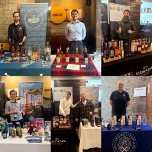 Brand representatives at tables behind bottles of whisky