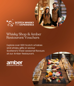 Graphic for Gift Vouchers at The Scotch Whisky Experience. This features a copper gradient background with photos in the shapes of bubbles. One photo shows two team members smiling in our Whisky Shop and the other is of a range of Scottish platters on a wodden table with whisky flights.