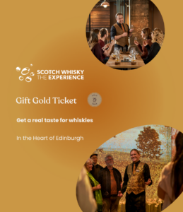 Graphic for The Gold Tour Gift Ticket at The Scotch Whisky Experience. This features a gold gradient background with tour photos in the shapes of bubbles. One photo shows guests enjoying a whisky tasting and the other is of a tour guide conducting a tour against a barley field backdrop.
