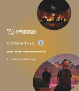 Graphic for The Silver Tour Gift Ticket at The Scotch Whisky Experience. This features a silver/gold gradient background with tour photos in the shapes of bubbles. One photo depicts firing up a whisky cask and the other is of a guest enjoying the tour with a barley field.