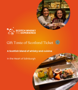 Graphic for The Taste of Scotland Tour Gift Ticket at The Scotch Whisky Experience. This features a orange gradient background with tour photos in the shapes of bubbles. One photo shows guests cheerfully holding up glasses in a whisky collection and the other is of a Scottish tasting mneu consisting of a trio of mains with garnishes on a rectangle white plate.