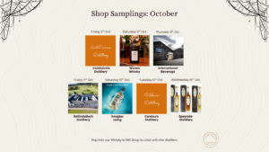 This image is a calendar of shop sampling events in October featuring InchDairnie Distillery, Woven Whisky, International Beverage, Ballindalloch Distillery, Douglas Laing, Coleburn Distillery, and Speyside Distillers. The dates span from October 2nd to 14th. There are small images of bottles and distilleries next to their corresponding names. A decorative border with a spiderweb pattern is at the top corners.